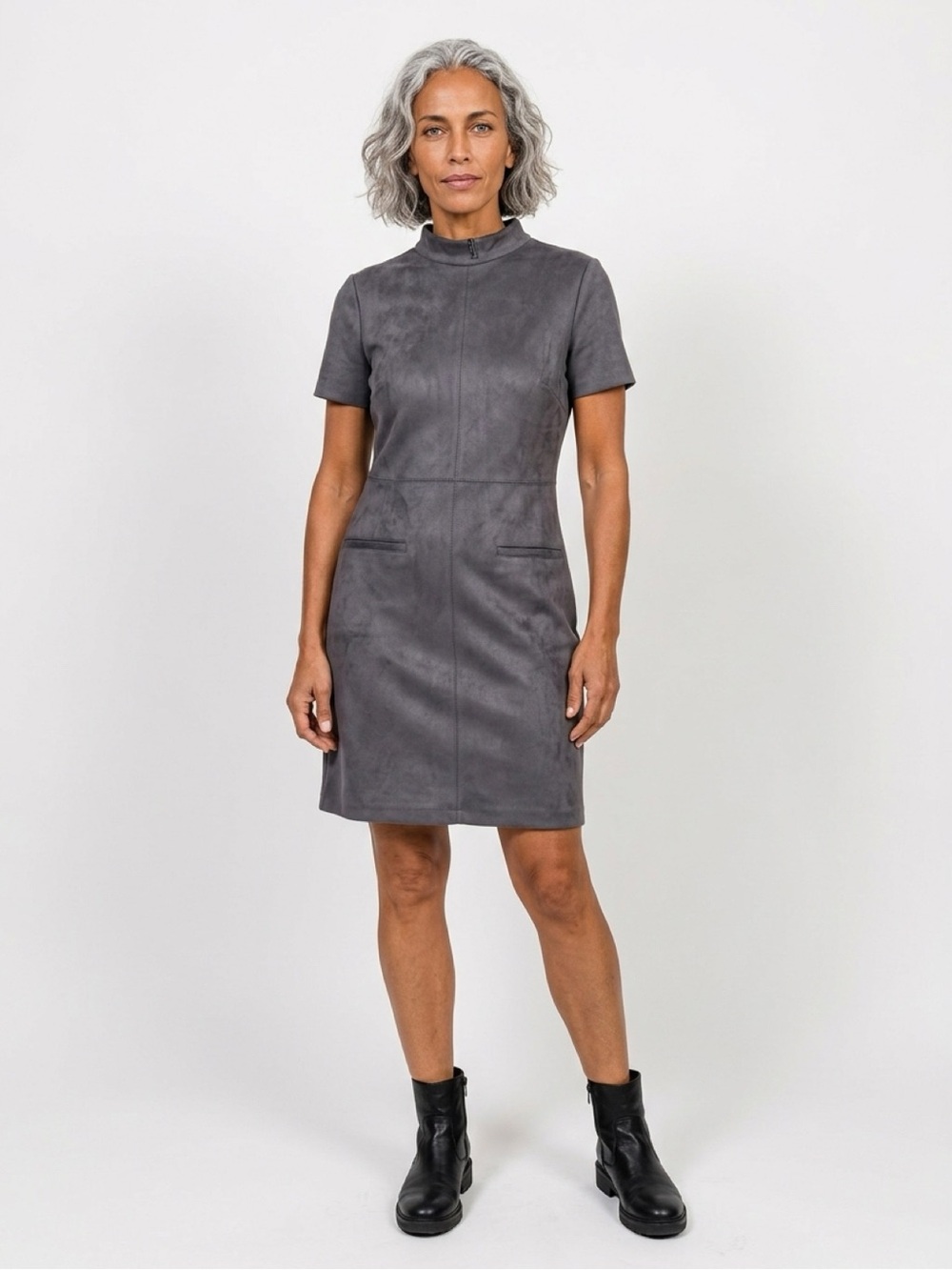 Ann Taylor Short Sleeve Mock Neck Dress in Charcoal Gray
